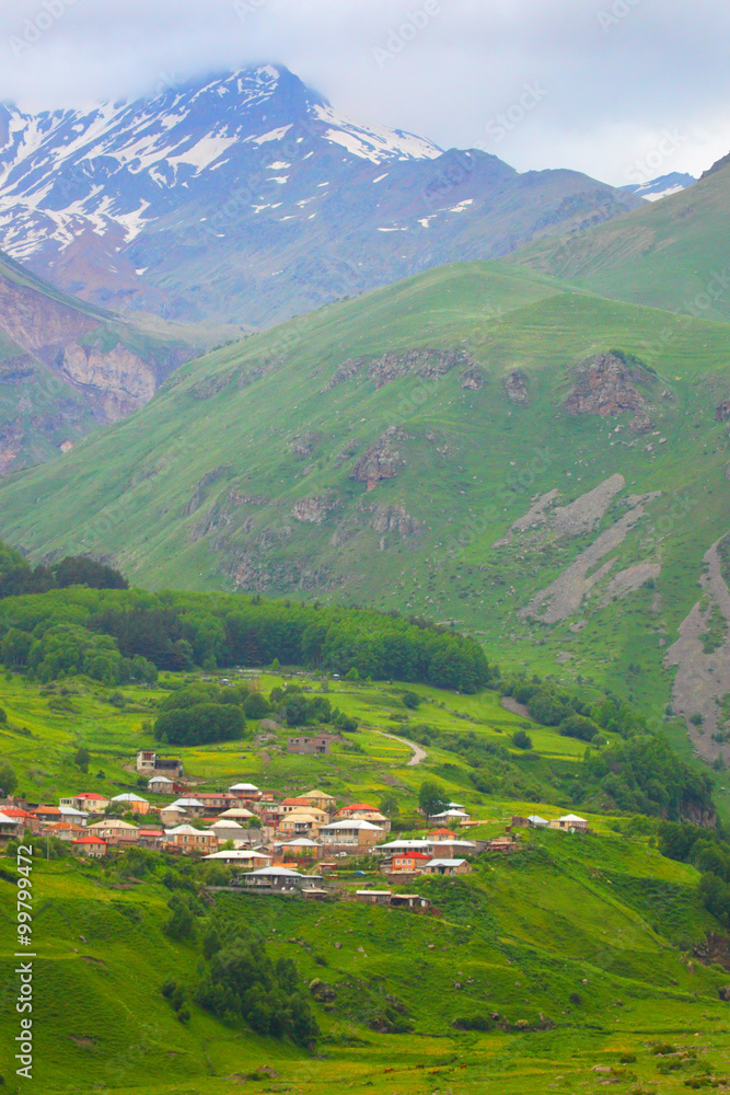 Mountain valley. Georgia. Caucasus. Kazbeg. Stepantsminda. Kazbek.