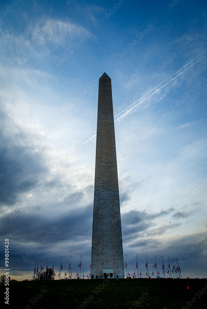 Washington Monument with dramatic skies