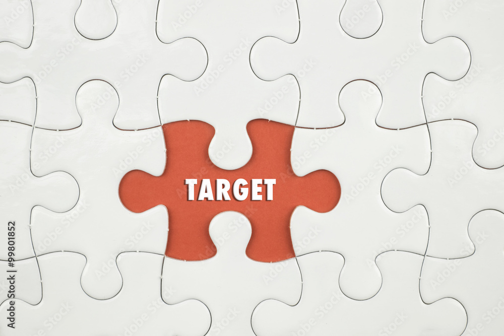 Jigsaw puzzle on color paper background with a word TARGET Jigsaw puzzle on color paper background with a word TARGET