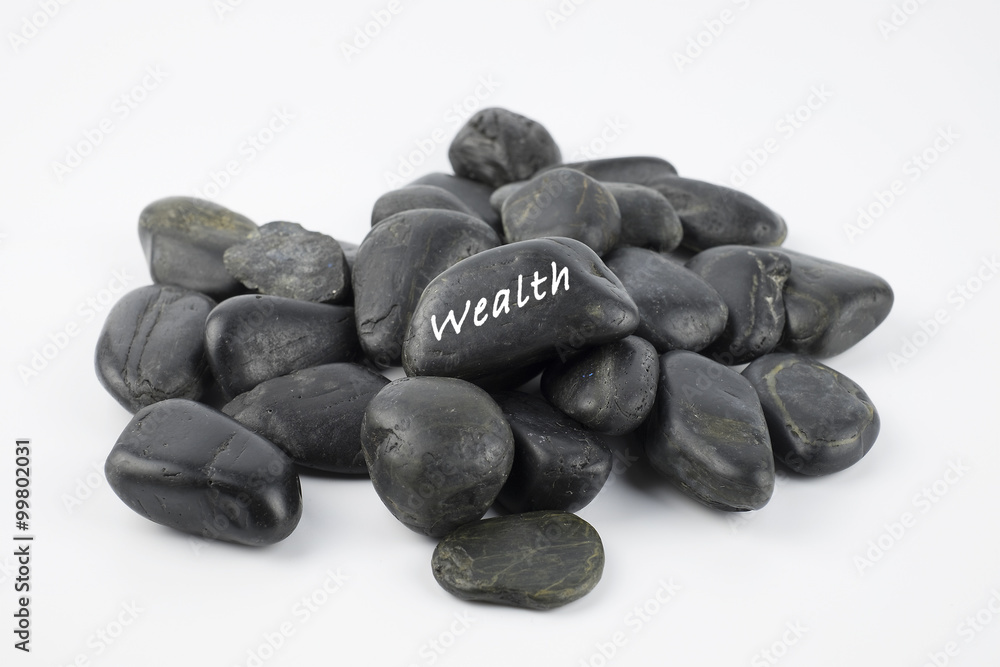 Black pebble with Wealth word on white background Black pebble with Wealth word on white background