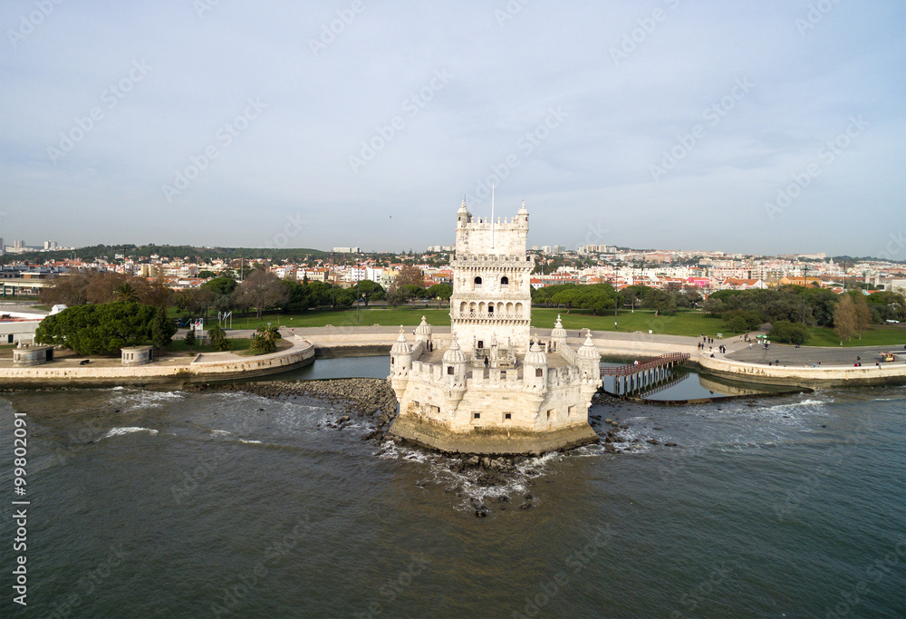 Aerial view of Belem Tower, in Lisbon, Portugal