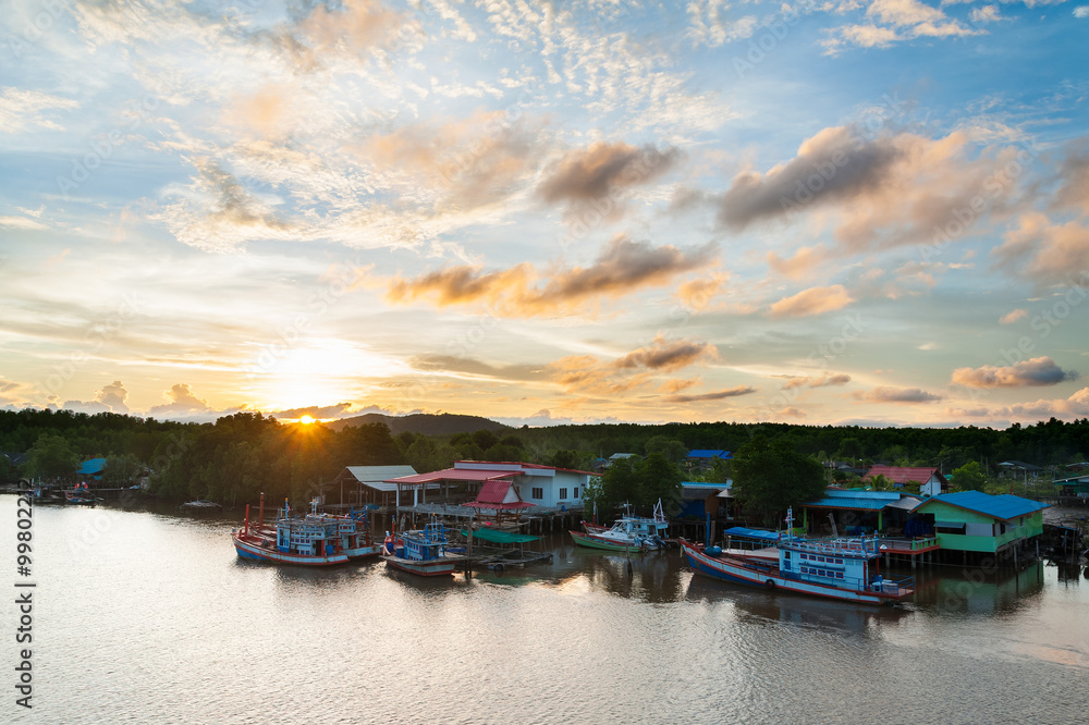  Landscape of fishermen village beside the sea canal in southern of Thailand.