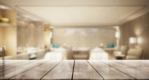 3D Close Up wood table with blur background