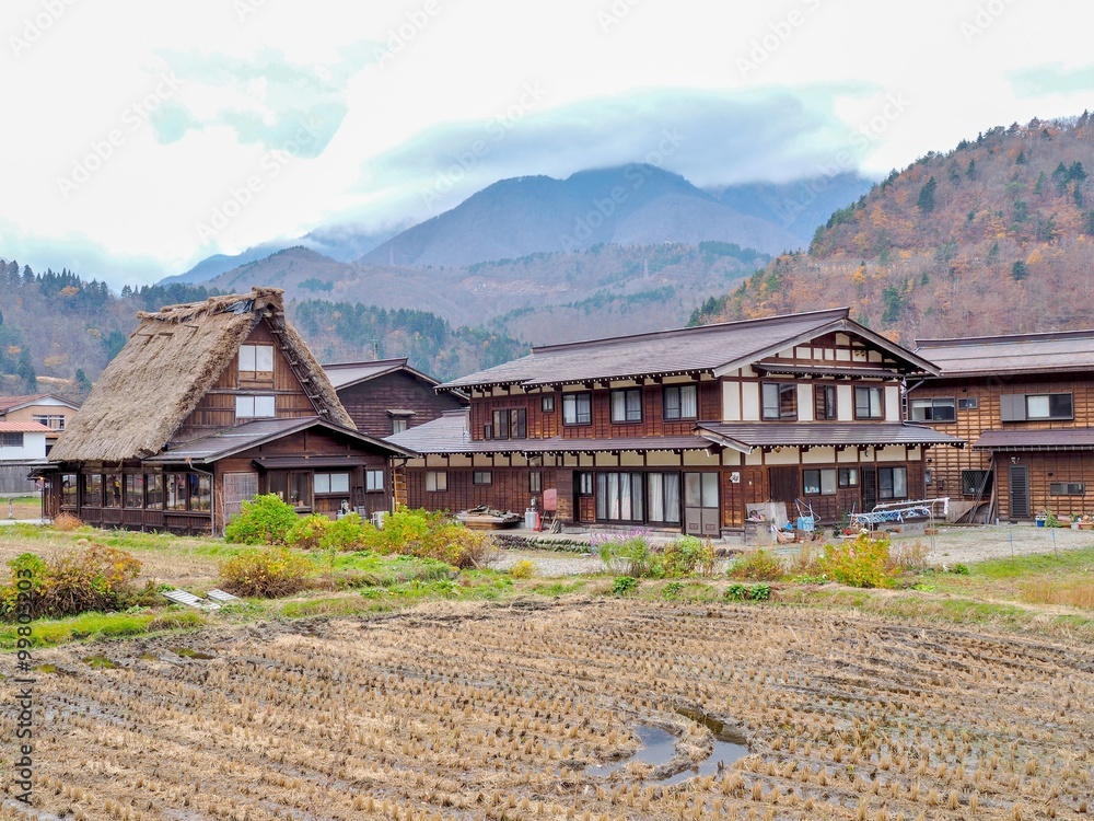 Gassho-Zukuri style, Japan - house with thatched roof in Shirakawa-Go, famous village listed as UNESCO World Heritage Site. Gifu prefecture, Japan.