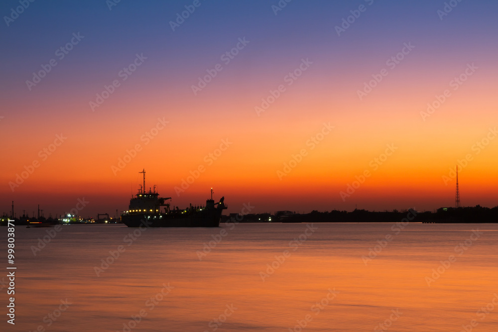 Fototapeta premium Long Exposure Sunrise Seascape with Ocean liner boat on the Sea