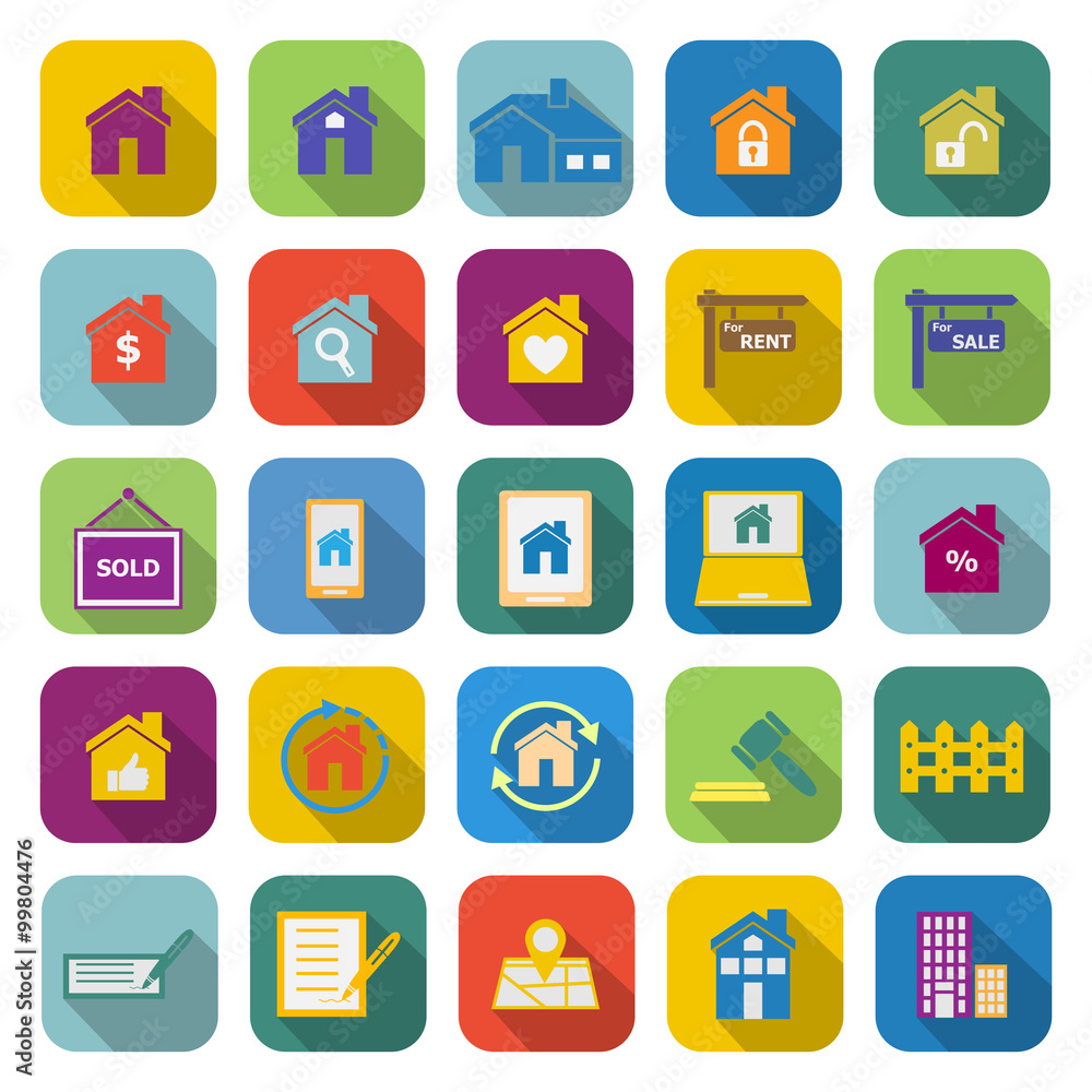 Real estate color icons with long shadow Real estate color icons with long shadow