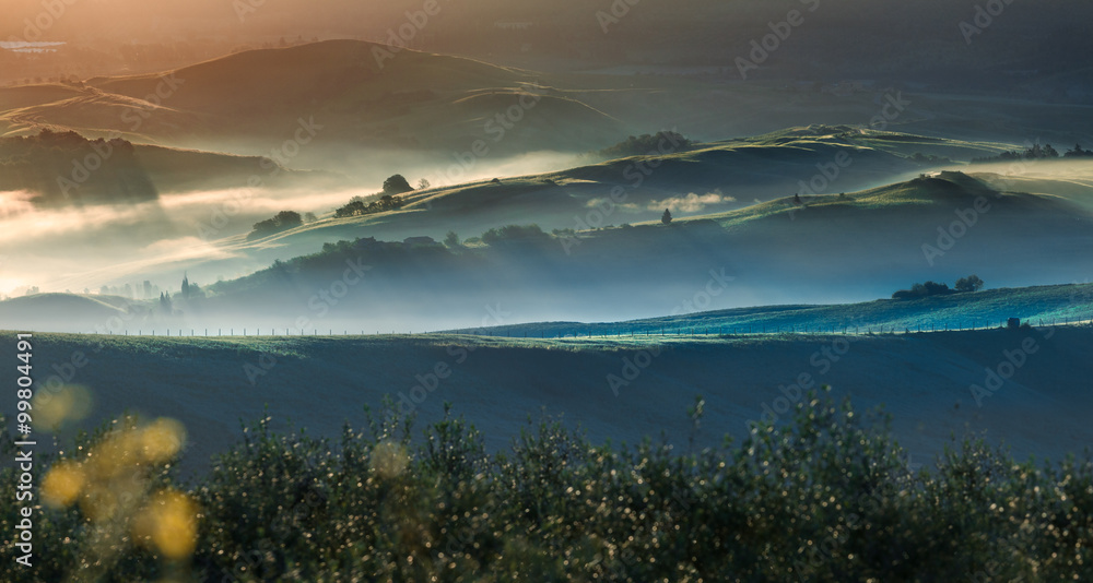 Colorful Tuscan Hills in Morning Fog