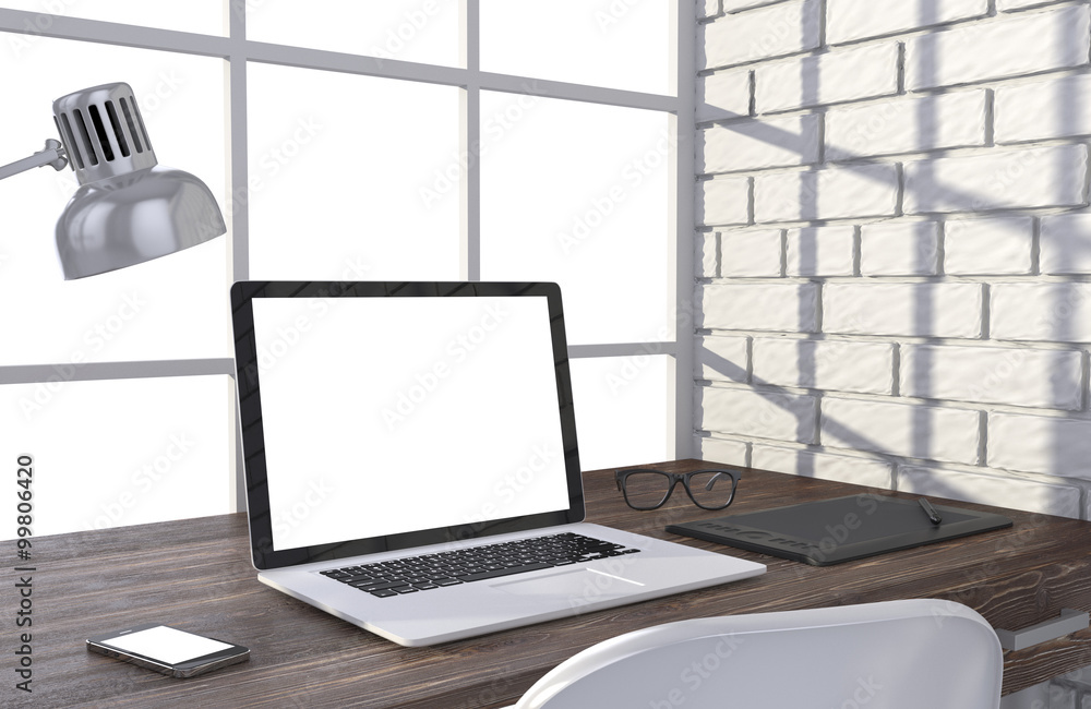 3D illustration laptop and work stuff on table near brick wall, Workspace 3D illustration laptop and work stuff on table near brick wall, Workspace