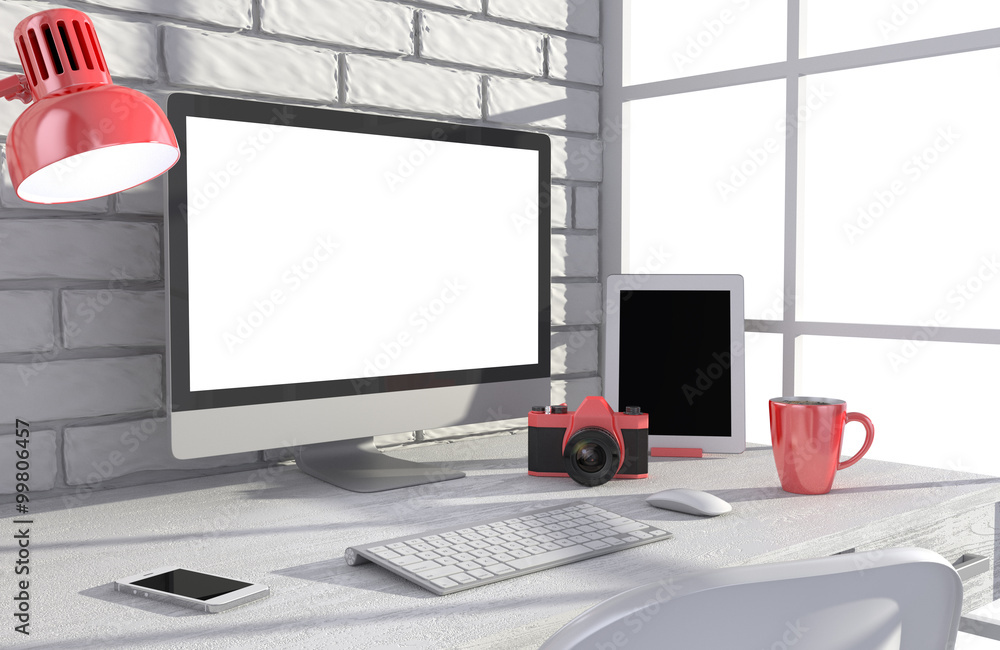 Fototapeta premium 3D illustration PC screen on table in office, Workspace