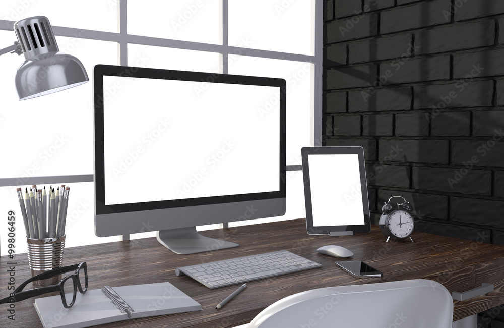 Fototapeta premium 3D illustration PC screen on table in office, Workspace