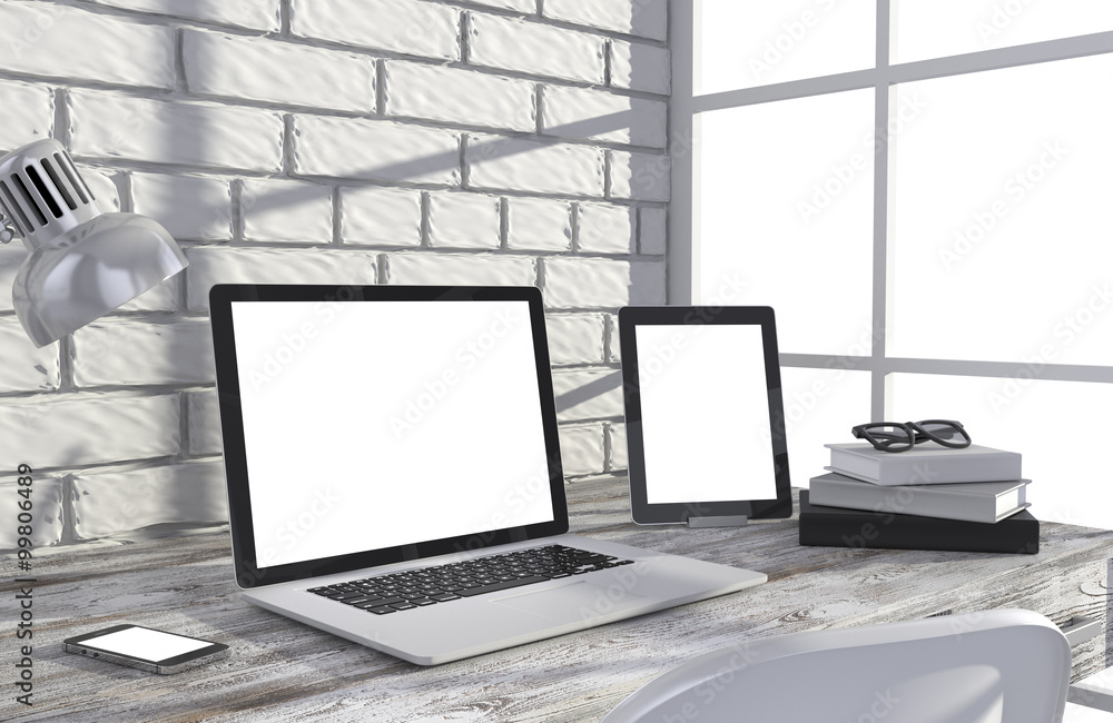 Fototapeta premium 3D illustration laptop and work stuff on table near brick wall, Workspace