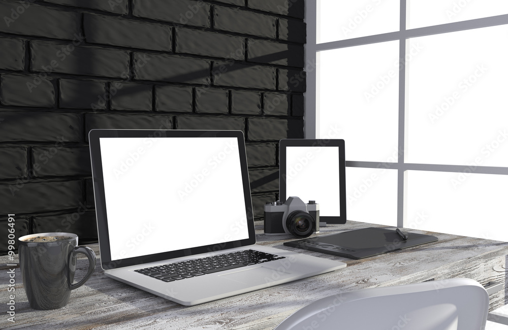 Fototapeta premium 3D illustration laptop and work stuff on table near brick wall, Workspace