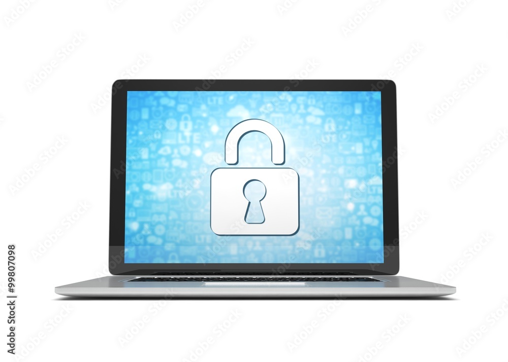 3d rendering of a laptop with security concept 3d rendering of a laptop with security concept