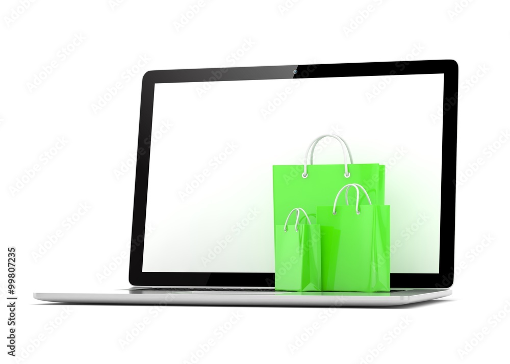 laptop and shopping pags on white background laptop and shopping pags on white background