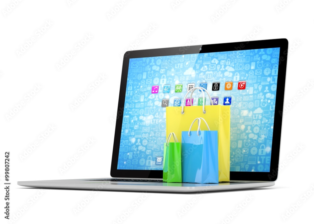 laptop and shopping pags on white background laptop and shopping pags on white background