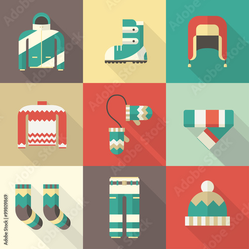 Winter Clothing and Sportswear Icons in Flat Design
