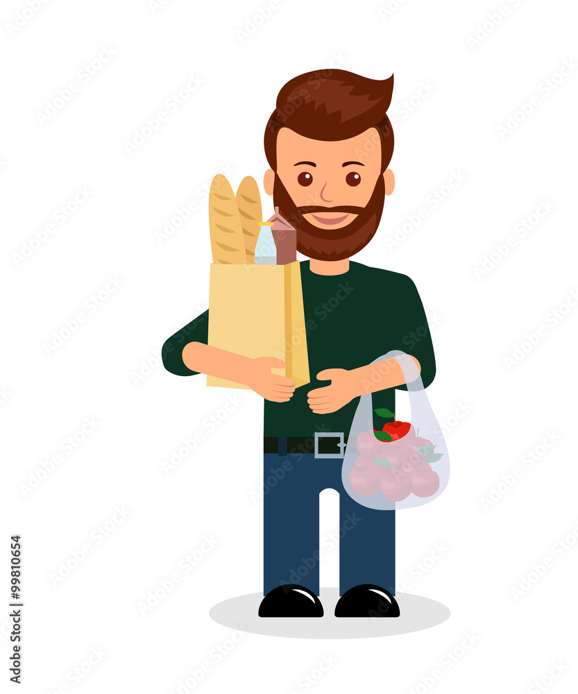 Male with shopping. Isolated character of a man with a bag of groceries Male with shopping. Isolated character of a man with a bag of groceries