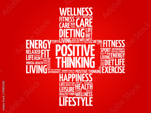 Positive thinking word cloud, health cross concept