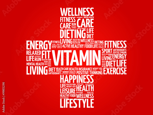 VITAMIN word cloud, health cross concept