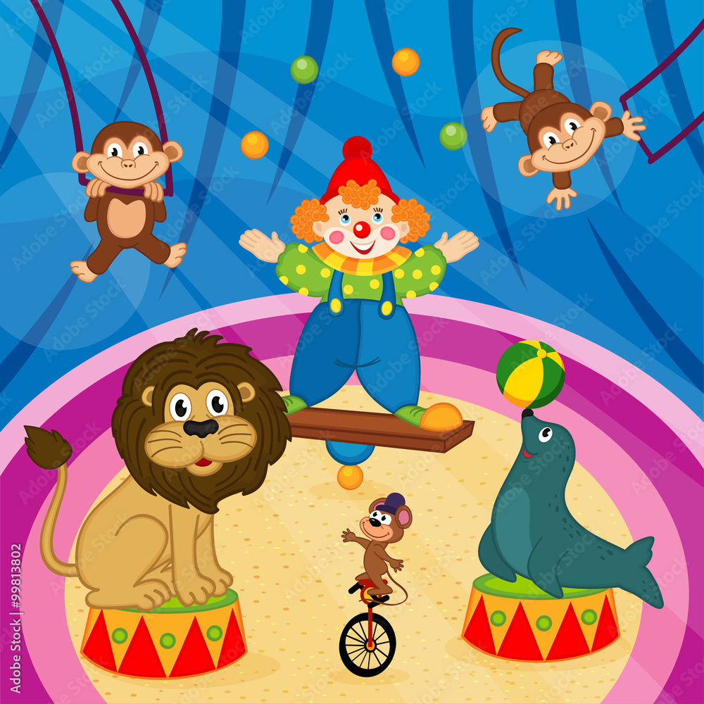 Fototapeta premium arena in circus with animals and clown - vector illustration, eps