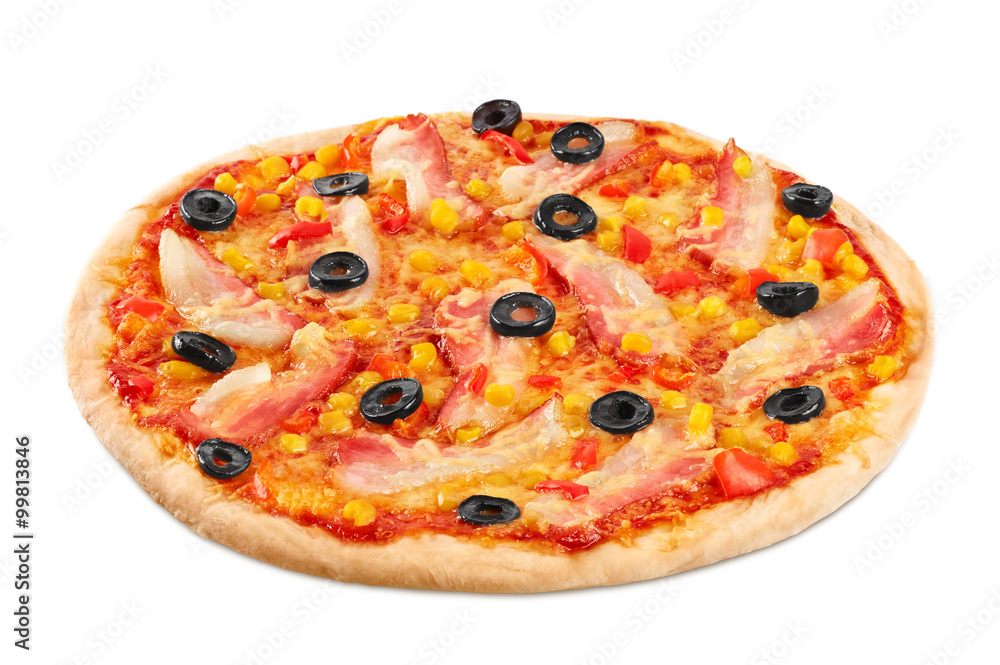 Pizza with bacon and corn on a white background.
