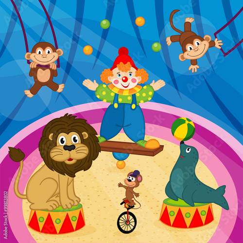 Fototapeta Naklejka Na Ścianę i Meble -  arena in circus with animals and clown - vector illustration, eps