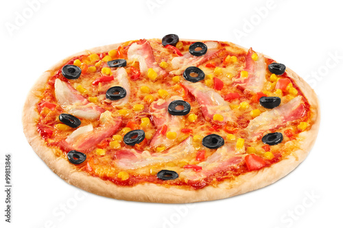 Pizza with bacon and corn on a white background.