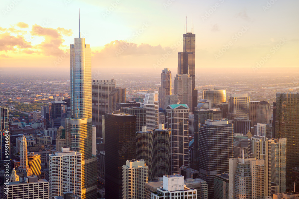 Chicago skyscrapers at sunset, aerial view, United States