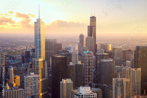 Chicago skyscrapers at sunset, aerial view, United States