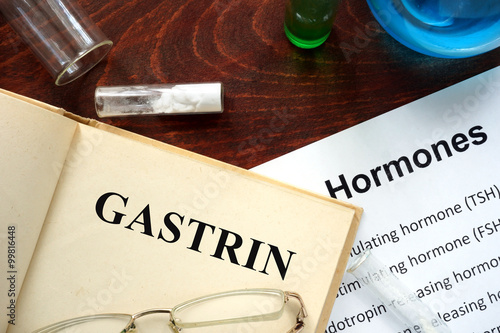 Hormone gastrin  written on book. Test tubes and hormones list. photo