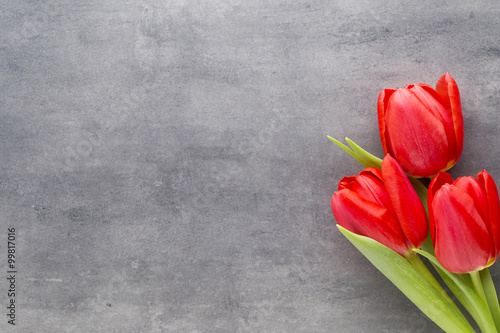 Red tulips on a wooden background.