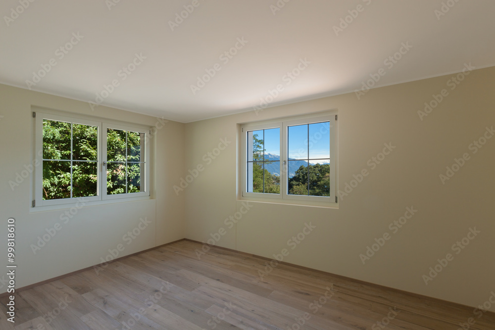 Interior, room with two windows Interior, room with two windows