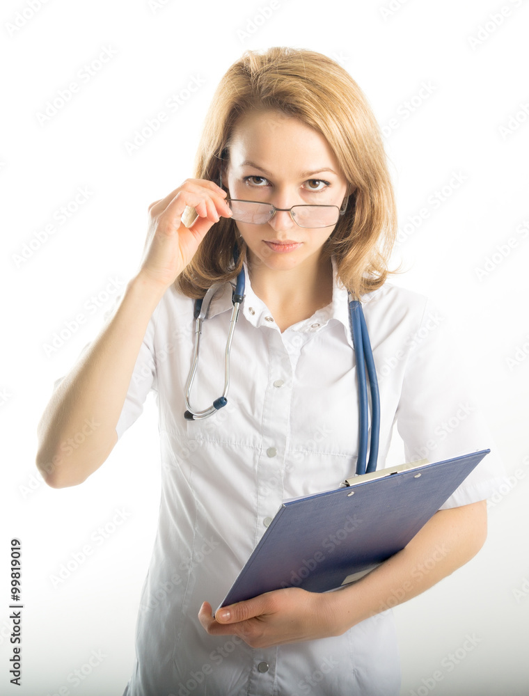 beautiful young female doctor in medical gown and rubber gloves holding a medical records. nurse making entries in medical records beautiful young female doctor in medical gown and rubber gloves holding a medical records. nurse making entries in medical records