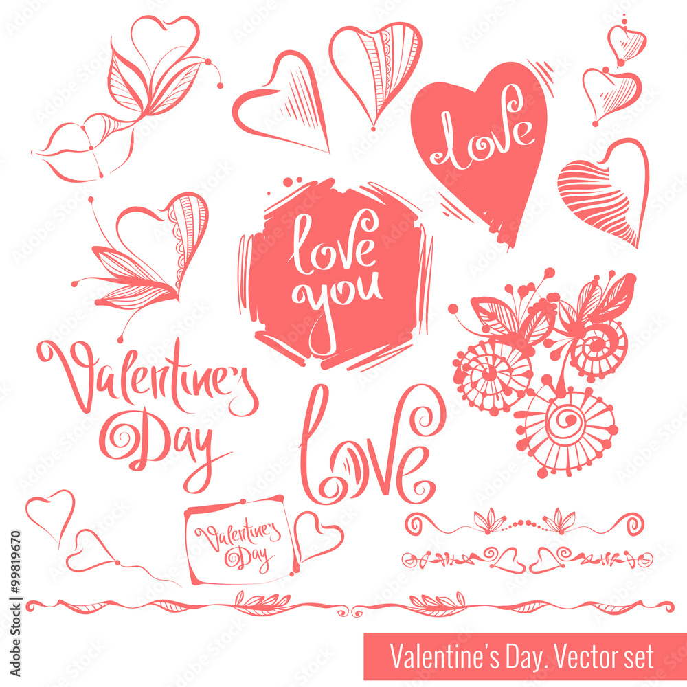 A collection of hand-drawn sketches for Valentine's Day. Beautiful heart. A collection of hand-drawn sketches for Valentine's Day. Beautiful heart.