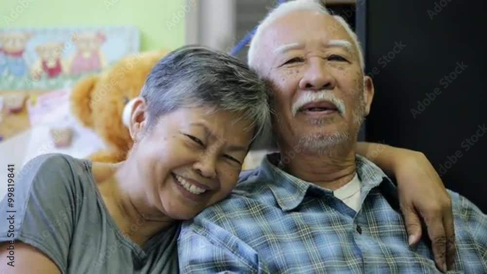 Happy asian senior man and woman hugging and smiling in front of camera. Happy asian senior man and woman hugging and smiling in front of camera.