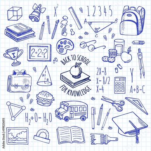 School tools sketch blue icons vector set.
