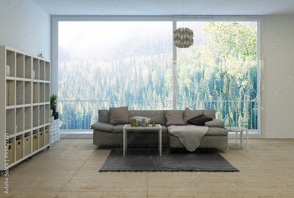 Fototapeta premium Spacious modern living room overlooking a forest