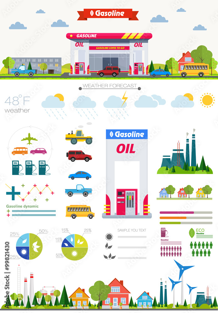 flat infographic gasoline station and plant
