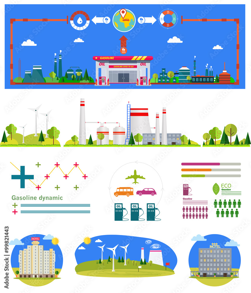 flat infographic gasoline station and plant