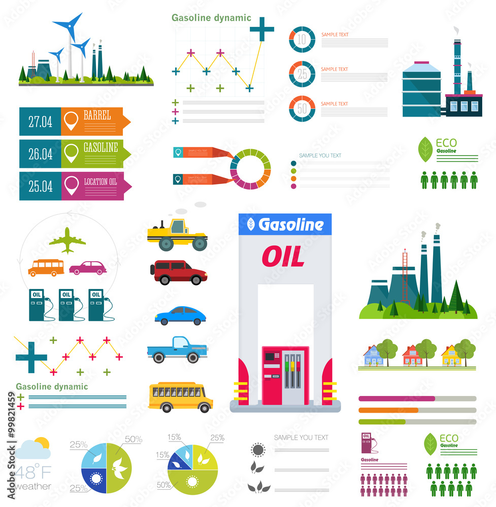 flat infographic gasoline station and plant flat infographic gasoline station and plant