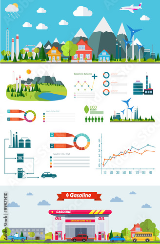 flat infographic gasoline station and plant