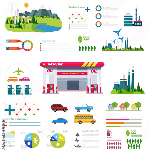 flat infographic gasoline station and plant