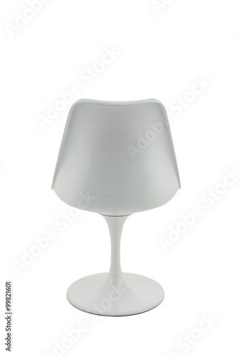 White Plastic Retro Chair with Black Cushion on White Background, Back View