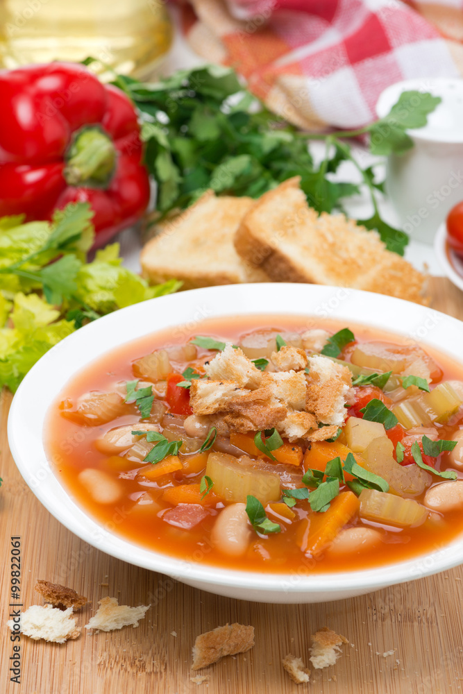 vegetable minestrone with croutons on a plate vegetable minestrone with croutons on a plate