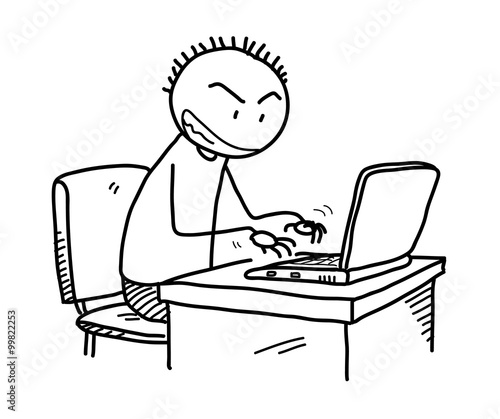 Cyber Bullying, a hand drawn vector doodle illustration of stick figure character typing on his laptop.