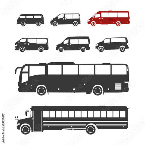 Detailed bus silhouettes set