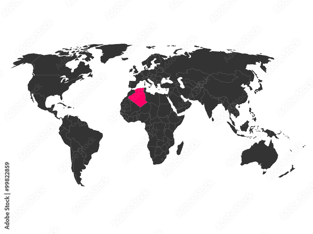 Fototapeta premium World map with highlighted Algeria. Simlified political vector map in dark grey and pink highlight.