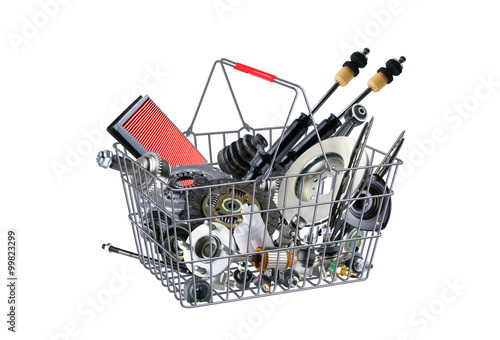 Basket with many spare parts for the passenger car