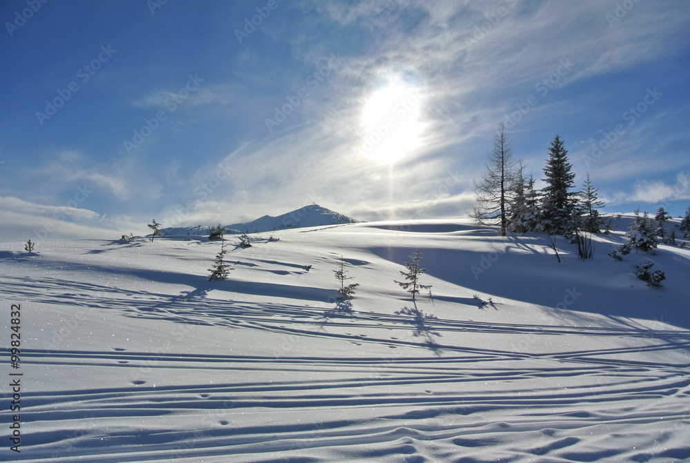 Fototapeta premium Sonne über dem Neuschnee