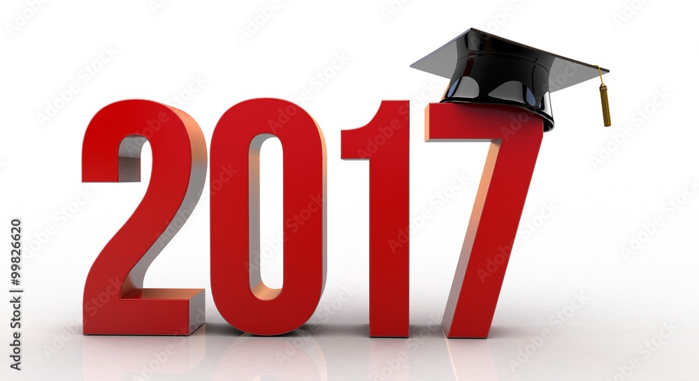 2017 text with graduation hat - obrazy, fototapety, plakaty 